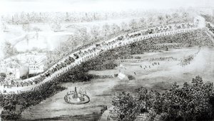Ihre Majestät und Eskorte verlassen den Palast, aus einer Serie von Vogelperspektiven am Tag der Krönung von Königin Victoria, graviert von W. Clerk, veröffentlicht von G. S. Tregear, 28. Juni 1838